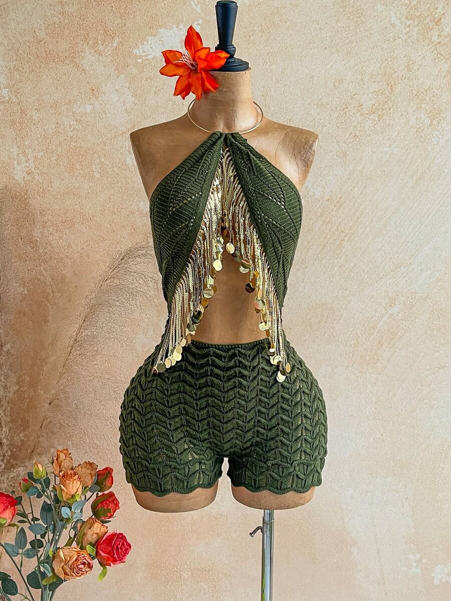 Soleia Women's Vacation Sequin Patchwork Hollow Out Sexy Halter Knitted Romper - Army Green - View 1