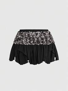 ROMWE Summer Y2K Rave Music Festival Outfit, Patchwork Sequin Asymmetrical Hem Mini Skirt - Black - View 11