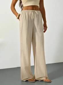 SHEIN Tall Quần ống rộng dáng suông kẻ sọc bằng cotton, cạp chun, thích hợp cho nữ đi làm hàng ngày và đi nghỉ mát, du lịch, phong cách thường ngày, Y2K, mùa hè, xuân, ngày Valentine. - Màu be - Xem 6
