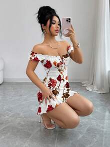 Selianne Vintage Style Printed Off-Shoulder Ruffle Hem Cami Dress, Fitted A-Line Dress - Black and White - View 4