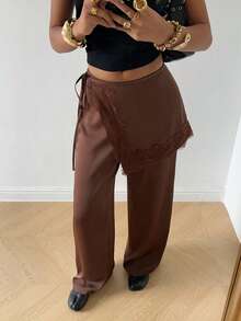 SHEIN EZwear Pantalones casuales de mujer con parches de encaje anudado en color café - Café integral - Ver 8