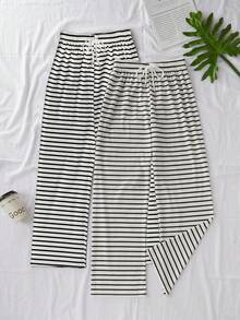Napfluff Women's Casual Knit Striped Print Drawstring Pants 2 Pieces Set - White - View 1