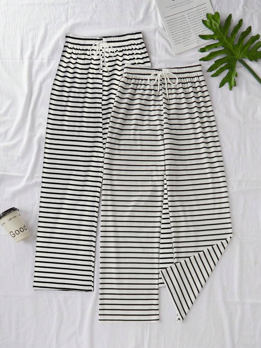 Napfluff Women's Casual Knit Striped Print Drawstring Pants 2 Pieces Set - White - View 1