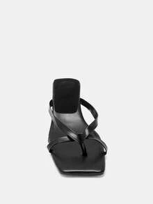 Women's Square Toe High Heel Flip Flops, Black Casual Summer Slippers - Black - View 6