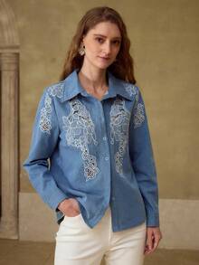MOTF PREMIUM ÁO KHOÁC DENIM REN CẮT KHỚP TƯƠNG PHẢN - Màu xanh lam - Xem 6