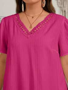 EMERY ROSE Plus Size Women V-Neck Short Sleeve Casual Dress - Hot Pink - View 8