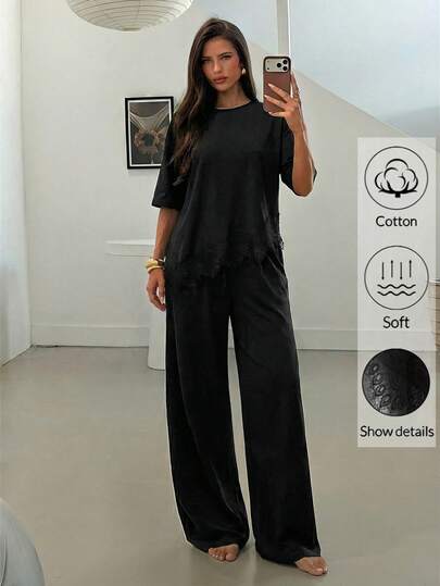 Aloruh 2026 Spring/Summer Black Lace-Paneled T-Shirt And Long Pants Set With Asymmetrical Hem – A Stylish, Versatile Two Pieces Set For Women, Perfect For Home, Outings, Casual Wear, Commuting, Vacations, Romantic Occasions, Everyday Use, And Travel. Ideal For Everyday Wear, Casual Outfits, Vacations, Cruise Trips, The Beach, Sunbathing, Looks, Street Style, Bohemian-Inspired Wedding Guest Attire, Commuting, Brunch, And Airport Outfits.
