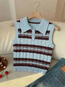 SHEIN EZwear 女士休闲简约马卡龙色天蓝色和棕色条纹扭结针织无袖 Polo 衫，适合夏季、日常通勤、约会、聚会、秋冬夏季、圣诞节、新年、感恩节、派对、婚礼、海滩、毕业典礼、时尚、优雅、休闲、外出、约会、预订、通勤、闪亮、情人节、优雅、度假、休闲、Y2K、外出、毕业典礼等场合。 - 彩色 - 查看 4