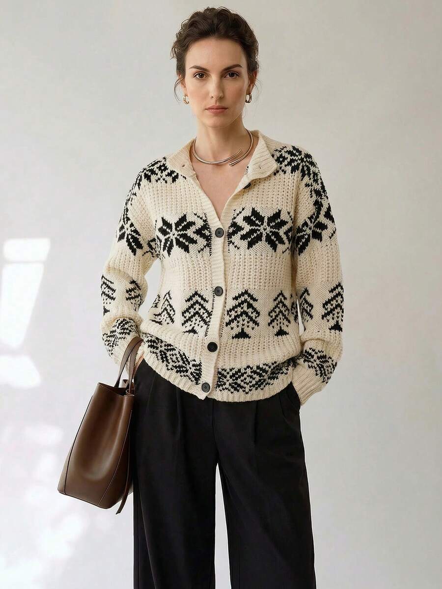 Uhlyne Uhlyne 复古休闲优雅圣诞假日秋冬女装,黑白撞色纽扣装饰立领长袖圣诞提花长袖开衫 - 彩色 - 查看 1
