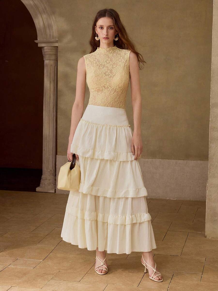 MOTF PREMIUM Top ajustado y ceñido sin mangas con cuello de pie de encaje para mujeres en verano - Amarillo - Ver 1