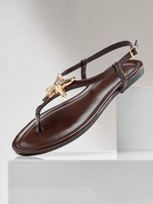 SHUZIA Women's Metallic Starfish Decor Pu CoffeeT-Strap Sandals – Chic, Beachy & Comfortable. - Coffee Brown - View 5