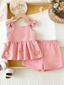 SHEIN 2pcs/Set Baby Girls' Pink Spaghetti Strap Bow Embroidered Butterfly Decor Tank Top & Solid Shorts,Cute Summer Vacation Outfit For Kids 1-2 Years Old - Pink - View 7