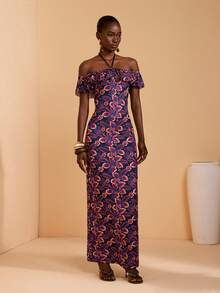 JIAN LASALA All-Over Print Floral Sleeveless Halter Women Casual Dress Off Shoulder - Multicolor - View 3