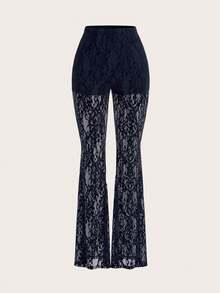 Opulessa Vacation Knit Lace High Waist Flare Pants For Women - Navy Blue - View 7