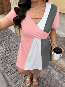 SHEIN LUNE Đầm ngắn tay xếp ly phối màu tương phản dành cho nữ cỡ lớn, đầm casual cho nữ, đầm hè cho nữ, đầm phối màu cỡ lớn, đầm công sở thường ngày cho nữ. - Hồng - Xem 6