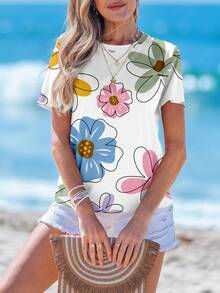Sylviya Versatile Floral Print Casual Round Neck Short Sleeve Loose T-Shirt For Women, Spring/Summer Suitable For Going Out,Vacation - Multicolor - View 5