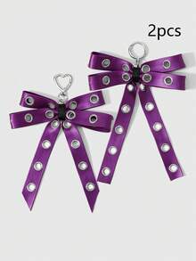 ROMWE 2 Multi-Specification Y2k Sweet And Cool Babes Temperament Fashion Heavy Industry Punk Dark Style Goth Purple Glossy Leather Metal Air Eye Hole Eye Double-Layer Bow DIY Love Keychain Bag Pendant, Combination Suit, Suitable For Women, Girls, Sisters, Girlfriends, Daily Wear, Holiday Gifts - Purple-29 - View 4