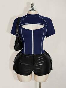 SHEIN ICON 大码女式拉链短袖休闲镂空T恤 - 藏蓝色 - 查看 8