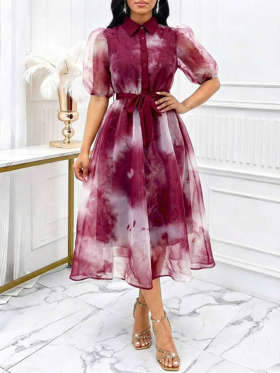 SHEIN Lady 女士扎染短花瓣袖优雅中长连衣裙 - 紅色 - 查看 1