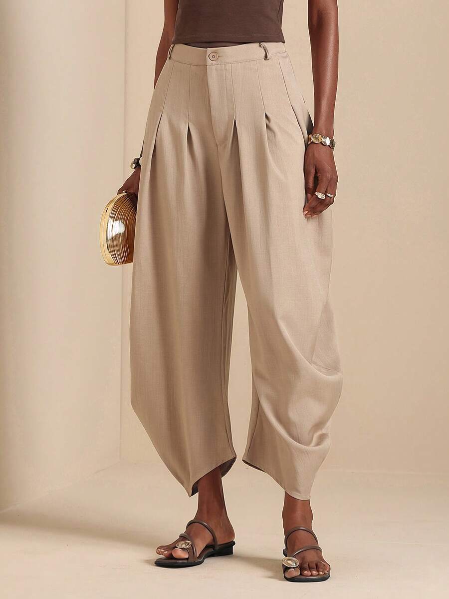 Vesra Khaki Pleated Floral Casual Women's Cropped Pants - Khaki - View 1