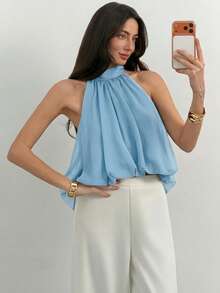 Aloruh Women's Solid Color Peplum Hem Halter Neck Top,Summer Top - Blue - View 3