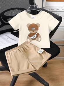 SHEIN Playful Pals 2件套婴幼儿男女通用0-3岁小熊印花圆领短袖上衣和松紧腰短裤套装，适合户外运动、休闲外出、购物和旅行，适合6个月至2-3岁的男婴。 - 杏色 - 查看 3