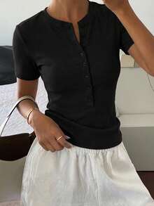 DAZY Women's Summer Fitted Regular Shoulder Short Sleeve Casual T-Shirt - Black - View 2