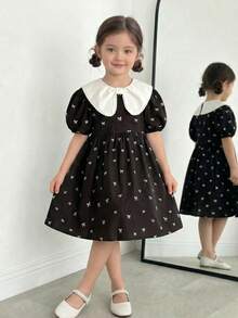 SHEIN LMoss Kids 优雅蝴蝶印花撞色A字公主裙，适合返校、春季假期、度假、派对、日常穿着。 - 黑與白 - 查看 3