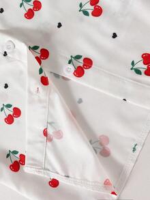 SHEIN 少女休闲时尚荷叶边花瓣袖樱桃印花衬衫，适合夏季休闲外出穿着 - 白色 - 查看 5