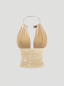 Sweetra Áo hai dây choker xếp ly, bóng bẩy, khoét sâu lưng, gợi cảm dành cho nữ, kiểu dáng thời trang, tôn dáng, thích hợp cho tiệc tùng, mùa xuân/hè. - Màu be - Xem 2