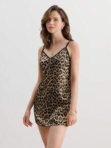 Hourtrue 豹纹印花撞色绑带吊带睡衣睡裙 - 黃色 - 查看 5