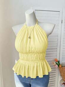 Comfortcana Plus Size Women Light Yellow Pleated Halter Neck Camisole Holiday Holiday Vacation Summer Tropical - Light Yellow - View 4