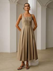 ZEYLAH Elegant Square Collar Embroidered Sleeveless Dress, Summer - Khaki - View 6