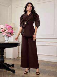 Modelyn 女士花瓣袖西装外套和阔腿裤套装，腰部系带，通勤优雅两件套 - 咖啡棕 - 查看 5