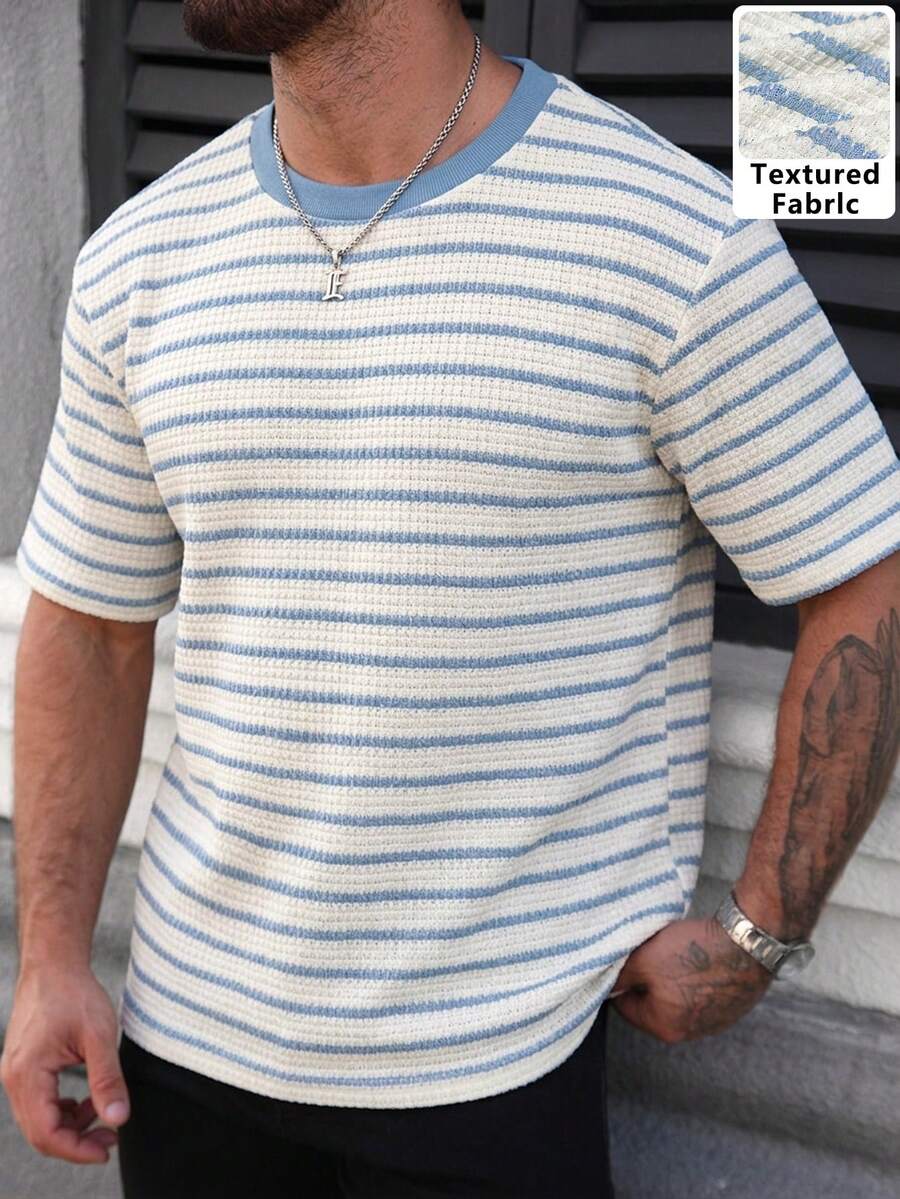 Manfinity Homme Men's Round Neck Short Sleeve T-Shirt,Blue And White Stripe,Summer,Casual,Vacation,Textured Pineapple Printed Fabric,Japanese Style Spring Office Wear - Multicolor - View 1