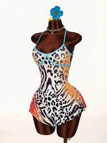 Amplova 2026 New Colorful Leopard Print Low-Cut Basic Flared Hem Slim Fit Mini Dress For Women,Summer Dresses For Women - Multicolor - View 3