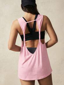 VARSITIE V-Neck Short Sleeve Hollow Back Loose T-Shirt - Pink - View 2