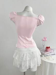 Flirla Women's Front Tie 2 In 1 Cap Sleeve Blouse Outfit Girly Outfit Outfit For Ladies Nice Outfit 2 In 1 Short-Sleeved Lace-Trimmed Shirt - Pink - View 3