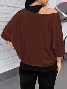 SHEIN Essnce 大码女式休闲两件套，吊带背心和露肩上衣两件套，女士夏季两件套，外出上衣，女士夏季服装，露肩上衣，可爱上衣，可爱夏季上衣 - 棕色 - 查看 3