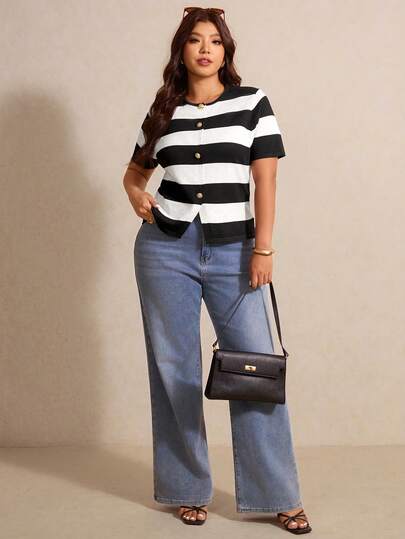 Elaquor Plus Size Women Casual Vacation & Commute Black & White Striped Button-Up Short Sleeve Knit Top