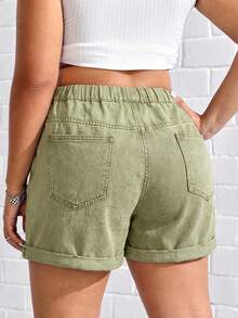 SHEIN ICON Quần short denim dáng rộng dành cho nữ cỡ lớn, có dây rút ở eo và túi. - màu xanh lá - Xem 2