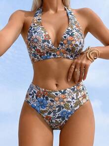 Zestiva Bộ bikini hai mảnh buộc dây cổ, thích hợp cho kỳ nghỉ hè, đi biển, phong cách thường ngày dành cho nữ, họa tiết hoa nhiệt đới. - Nhiều màu - Xem 3