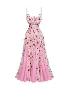 ROMWE Kawaii Spring/Summer Elegant Strawberry All-Over Print Fitted Mermaid Dress, Suitable For Valentine's Day & Christmas - Multicolor - View 1