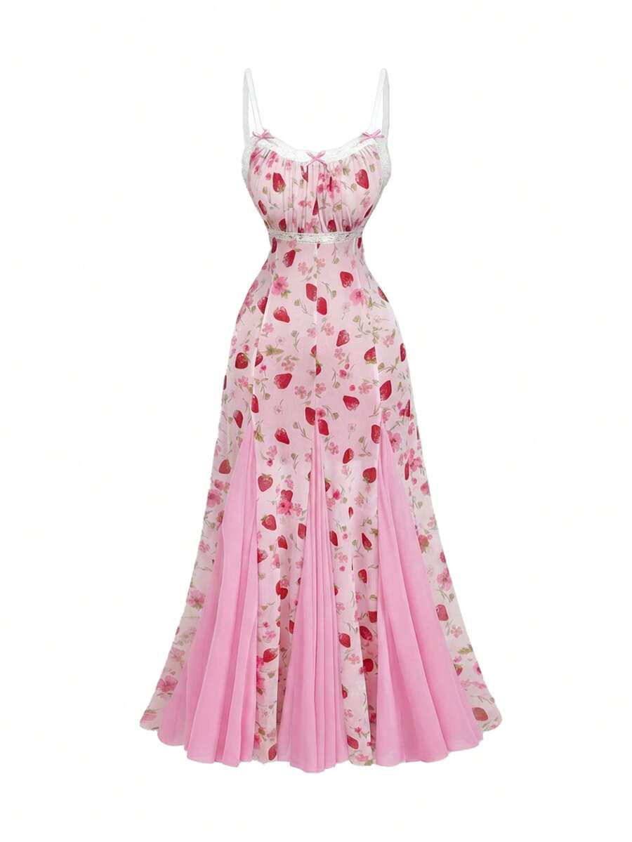 ROMWE Kawaii Spring/Summer Elegant Strawberry All-Over Print Fitted Mermaid Dress, Suitable For Valentine's Day & Christmas - Multicolor - View 1