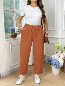 SHEIN LUNE Plus Size Women Cotton Fold-Over Waist Tie Pocket Pants Fall - Khaki - View 6