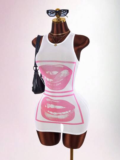 Amplova Đầm ôm sát mini xuyên thấu in hình mặt và môi