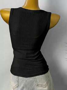 Rovax Women's Solid Color Button Half Placket Ribbed Casual Tank Top - Black - View 2