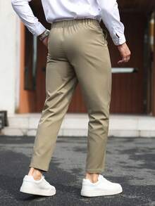 Manfinity Mode Pantaloni casual da uomo di colore unito con tasche, formali - Cachi - Visualizzare 2