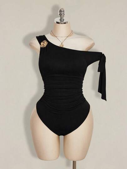 SHEIN ICON Plus Size Women Metal 3D Floral Decor Fashionable Asymmetric Neck Bodysuit