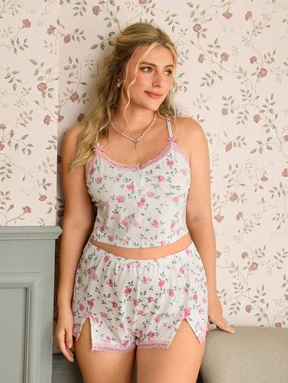 CottageSlumber 花卉印花撞色荷叶边拼接蝴蝶结吊带背心和短裤睡衣套装，加大码